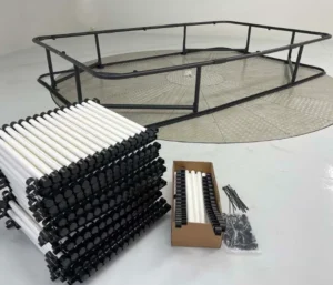 Trampoline assembly with frame and parts.